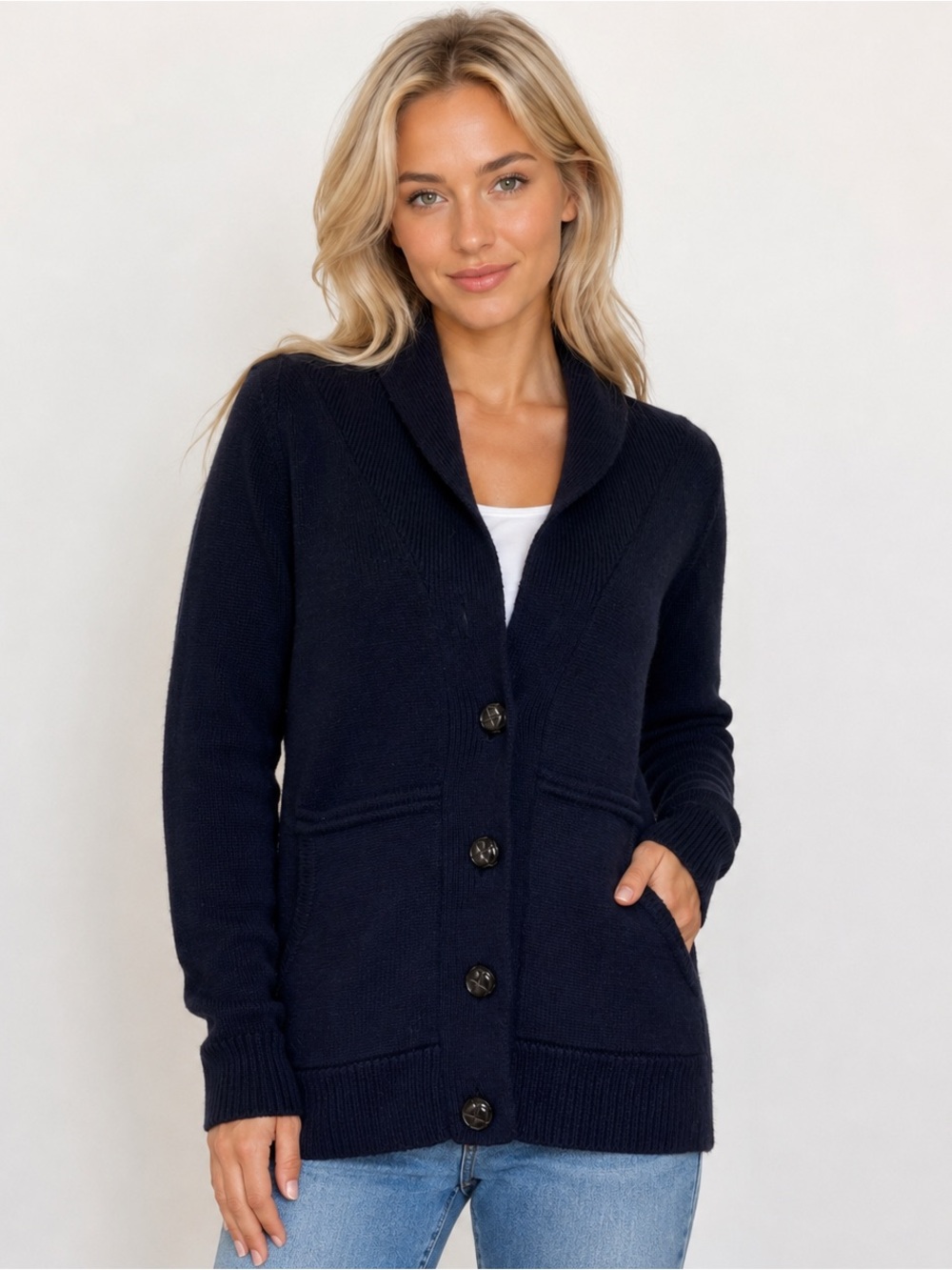 Cynthia Rowley Merino Wool Blend  Navy Front Button Cardigan Classic Small